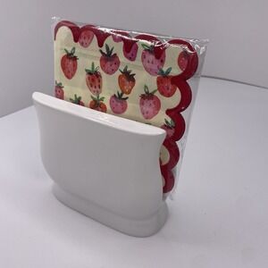 Vintage White Ceramic Freestanding Napkin Holder With Strawberry Napkins WCL